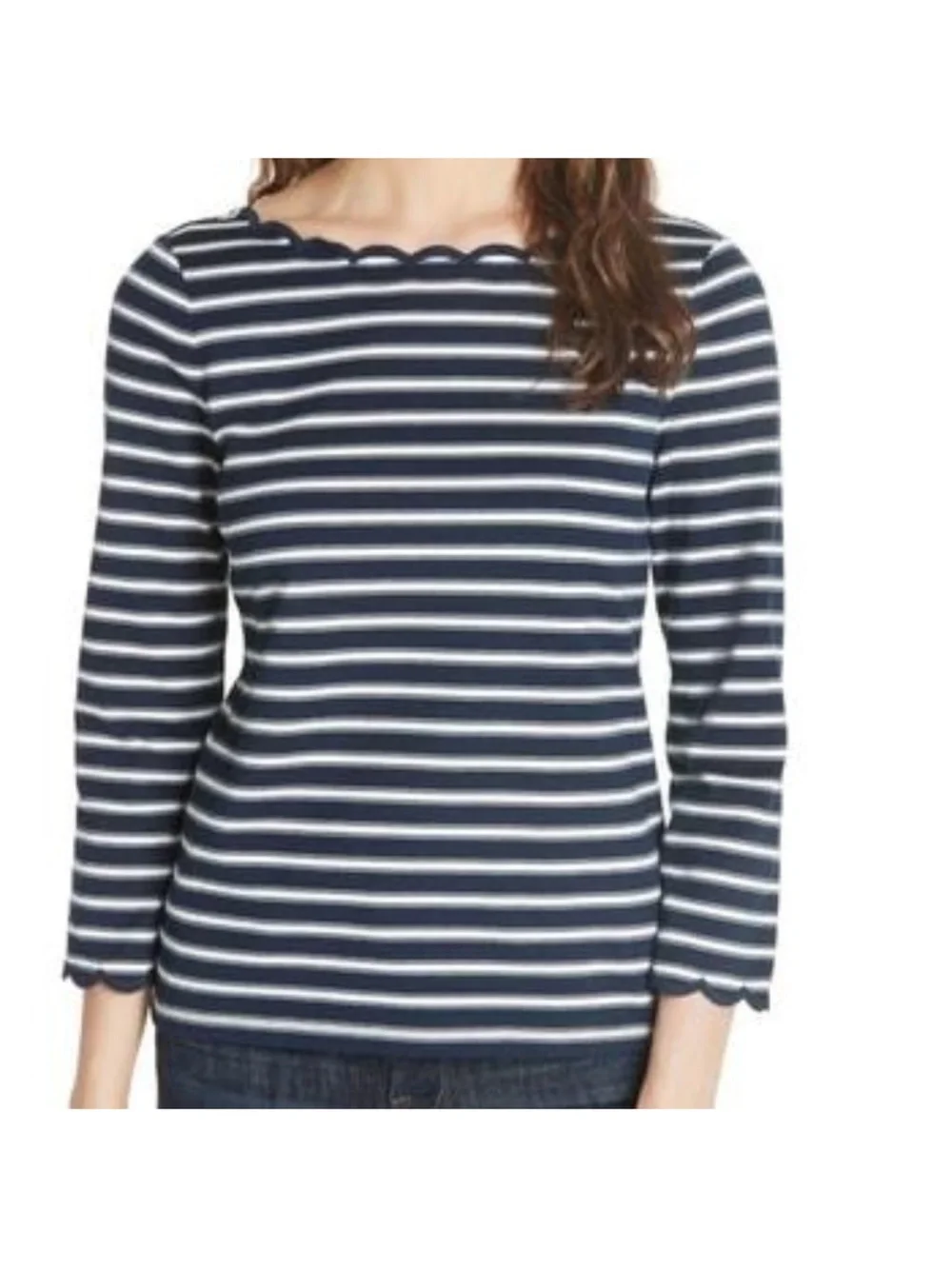 kate spade Navy and White Scalloped-Trim Striped Long Sleeve Top NWOT
